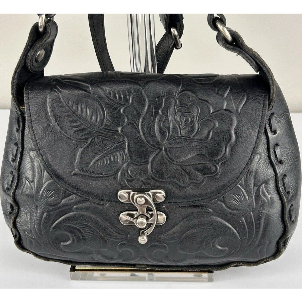 Patricia Nash Lucia Black Rose Tooled Embossed Floral Crossbody EUC Saddle Bag
